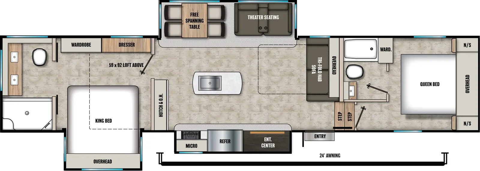 The Phoenix 381DBL floorplan has one entry and three slide outs. Exterior features include: fiberglass exterior and 24' awning. Interiors features include: loft, kitchen island, free-standing dinette option, front bedroom, two bedrooms, rear bathroom and two full bathrooms.